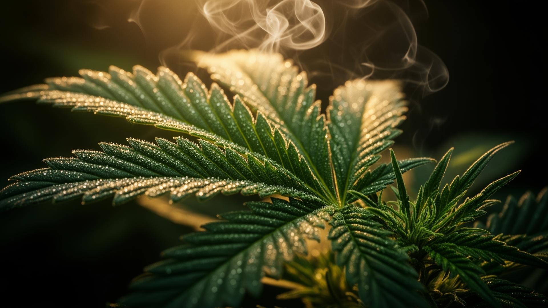 Macro shot of a frosted cannabis leaf with golden light and drifting smoke